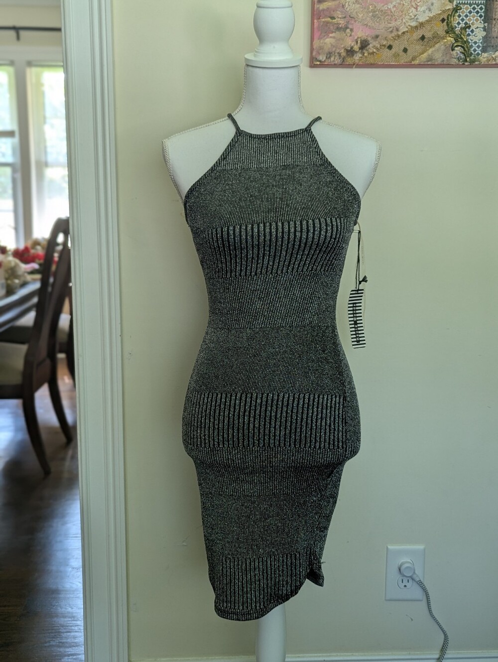 NWT Haute Monde Silver Metallic Halter Bodycon Mini Dress XS